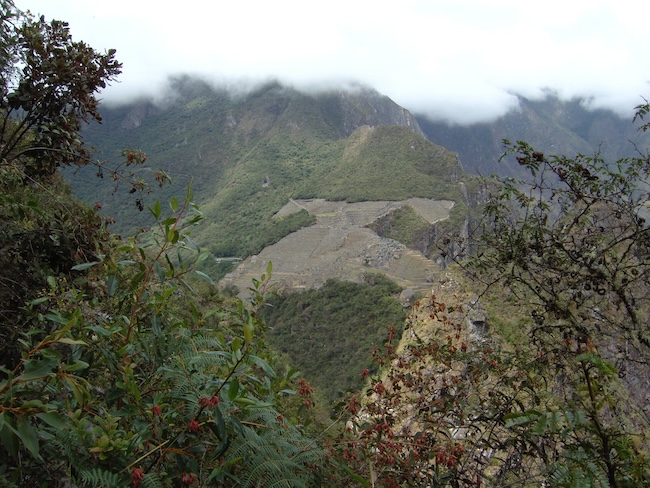 Looking down at Machu Picchu from the ruins on Huayna Picchu
