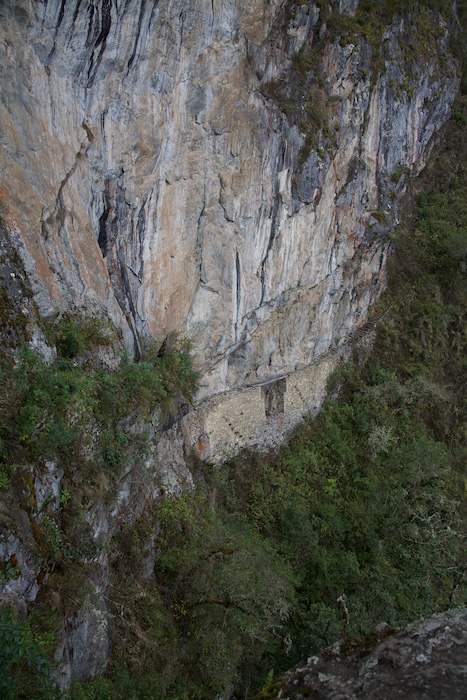 Cliff face with the Incan drawbridge at  Machu Picchu
