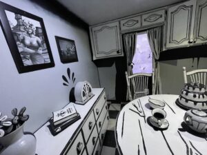 black and white exhibit in Meow Wolf